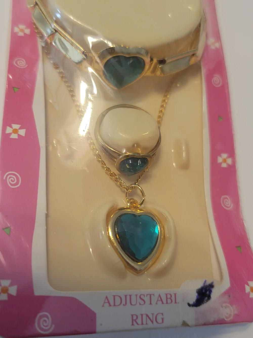 Vintage Gold-Tone Heart Pendant Necklace and Ring Set with Blue Gem
